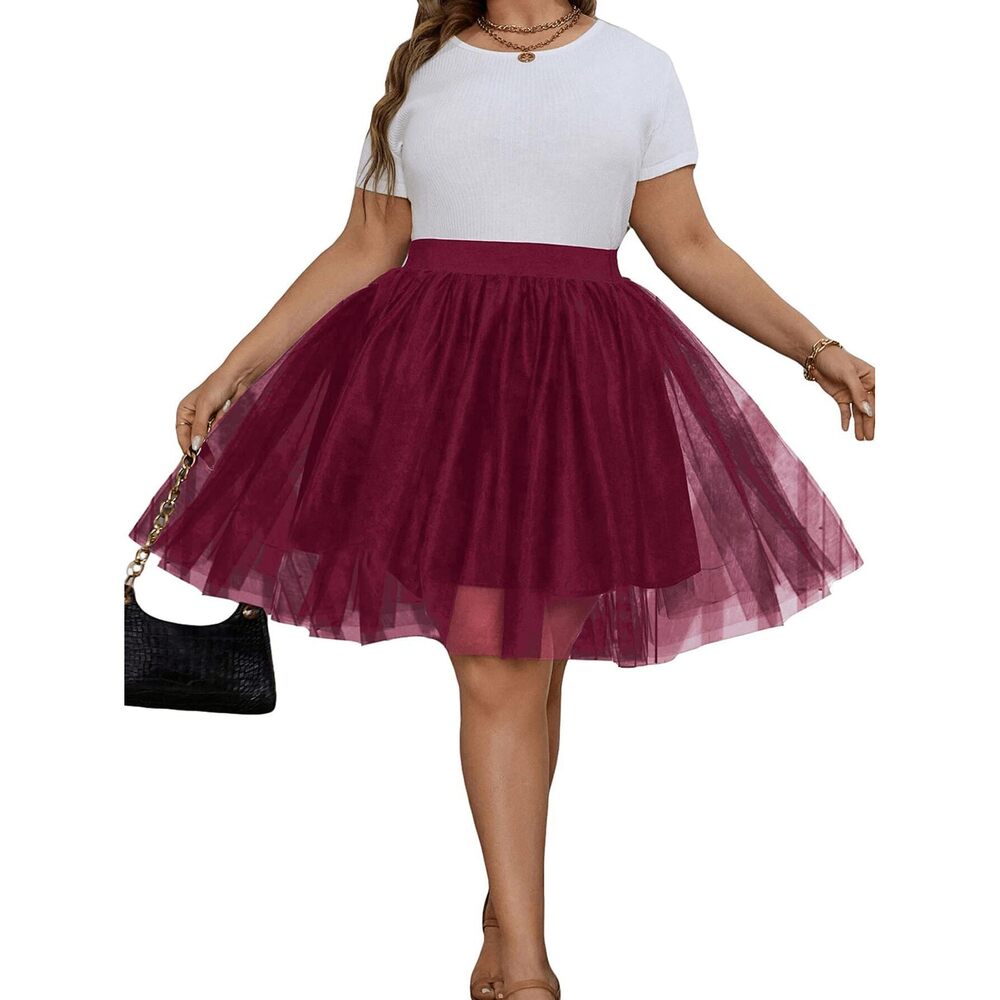8255 Plus Size Mesh Tutu Tulle Skirt Midi Knee Length Elastic Waist Skirt